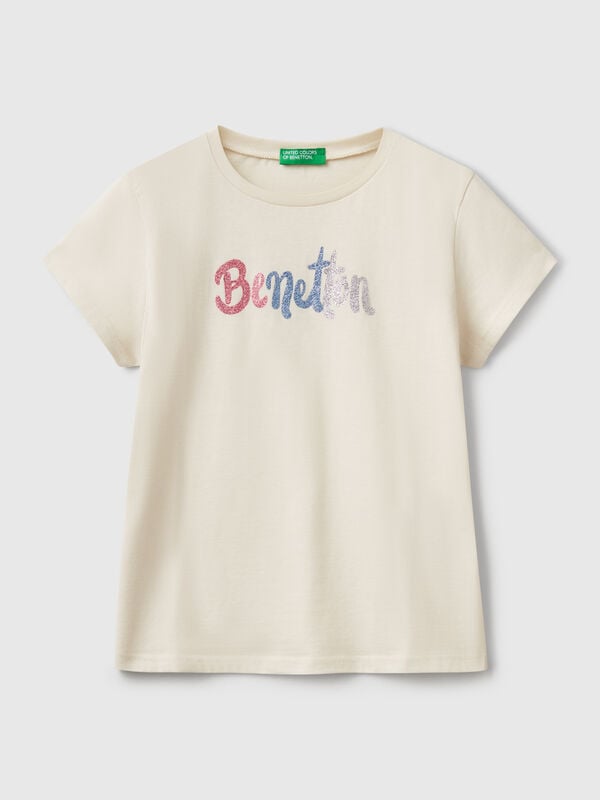 T-shirt com logótipo glitter em algodão Menina