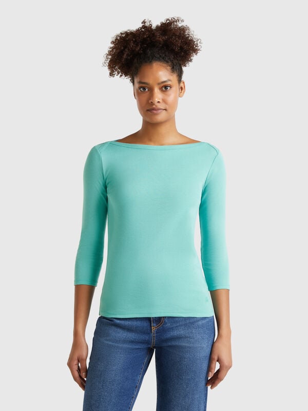 T-shirt com decote à barco 100% algodão Mulher