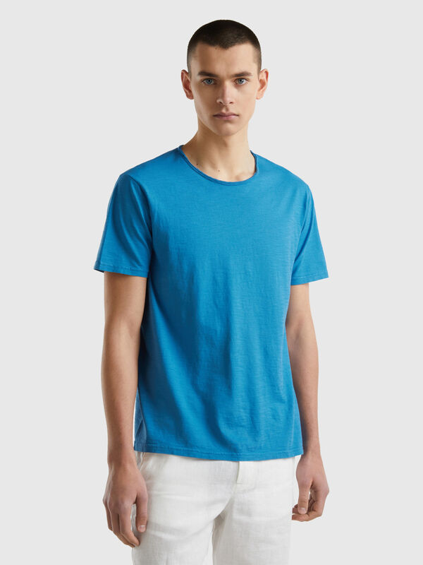 T-shirt azul-escuro em algodão flamé Homem