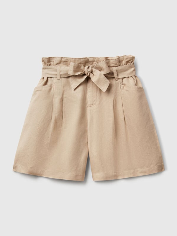 Bermudas paperbag em mistura de linho Menina