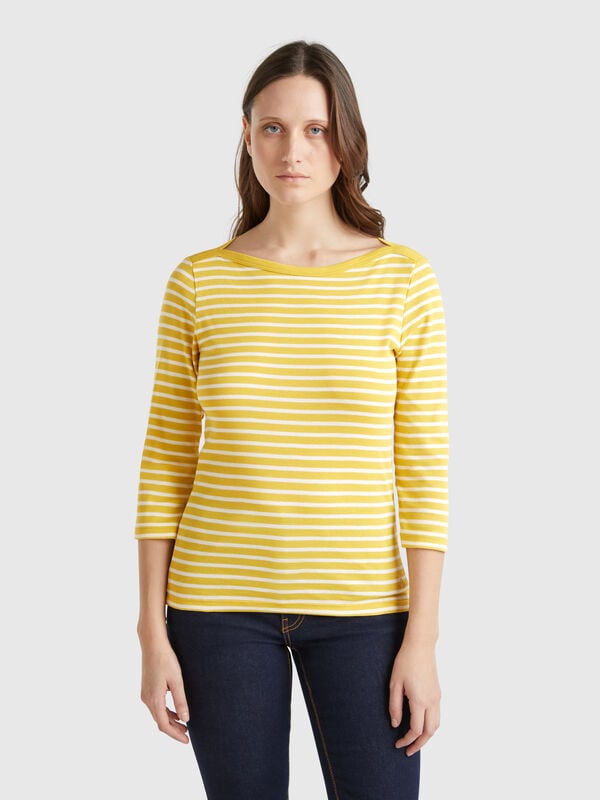 T-shirt 3/4 às riscas em algodão puro Mulher