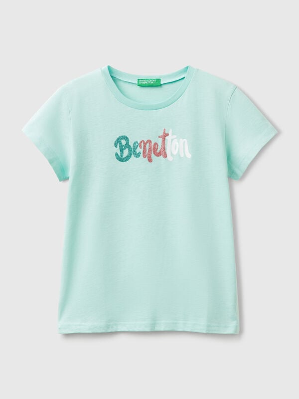 T-shirt com logótipo glitter em algodão Menina