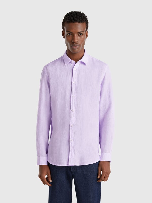 Camisa lilás padrão em linho puro Homem