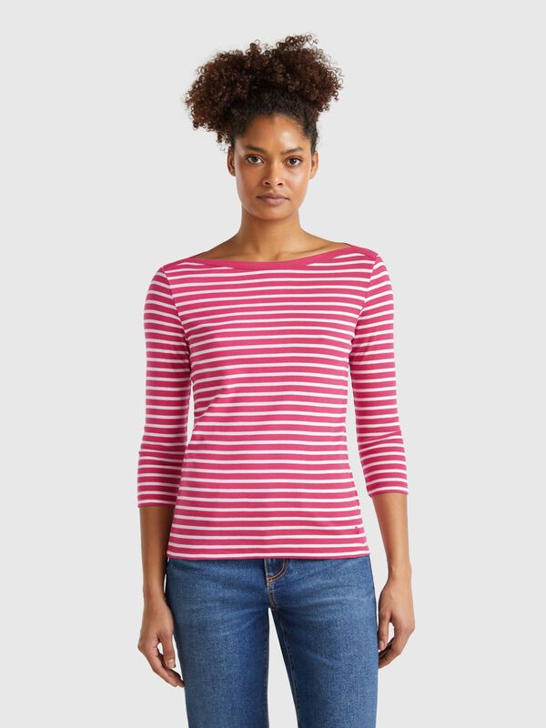 T-shirt 3/4 às riscas em algodão puro Mulher