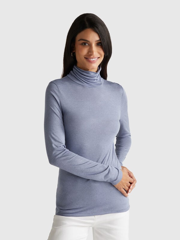 T-shirt de gola alta em mistura de viscose e caxemira Mulher