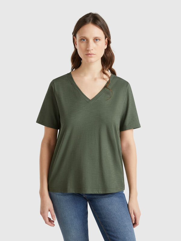 T-shirt decote em V 100% algodão flamé Mulher