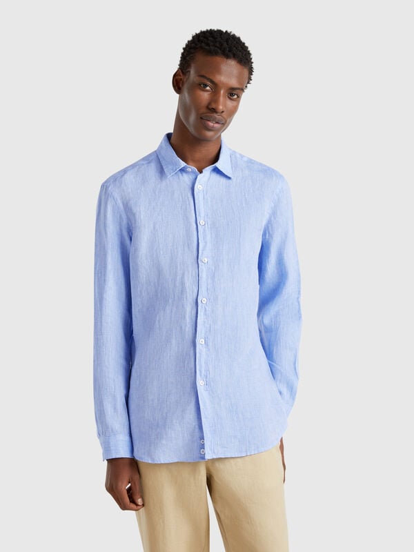Camisa azul-claro padrão em linho puro Homem