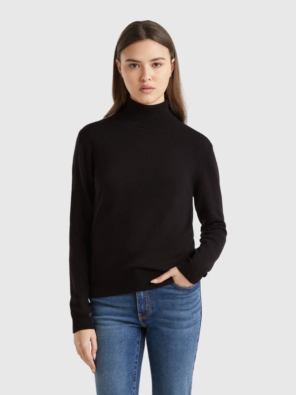 Camisola de gola alta preta em pura lã Merino Mulher