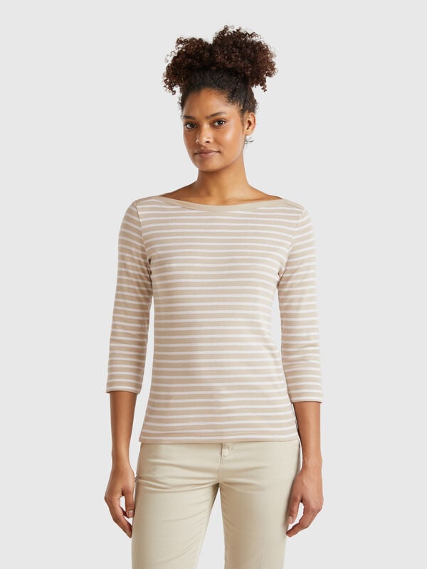 T-shirt 3/4 às riscas em algodão puro Mulher