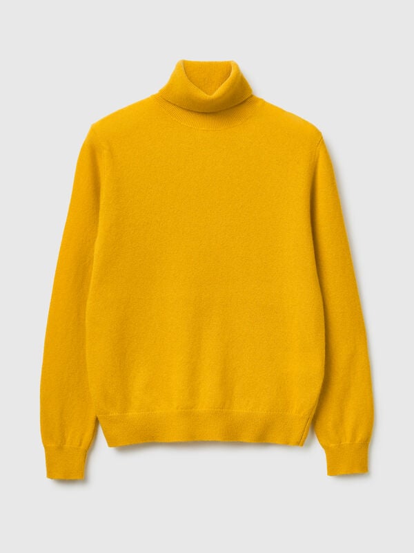 Camisola de gola alta amarelo ocre em pura lã Merino Mulher