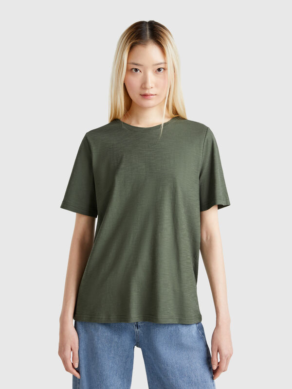 T-shirt de gola redonda em algodão flamé Mulher