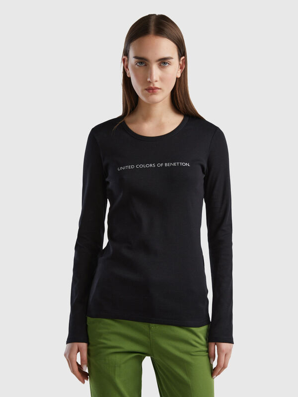 T-shirt preta de manga comprida 100% algodão Mulher