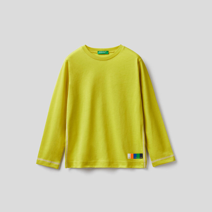 T-shirt amarela de manga comprida 100% algodão