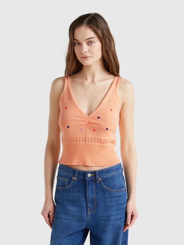 Top de malha com bordado de flores Mulher