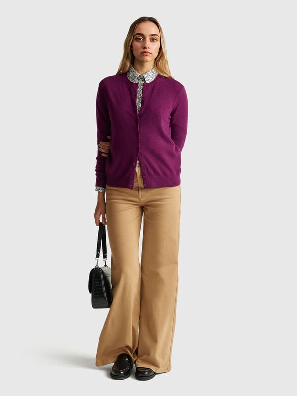 Cardigã de gola redonda violeta em pura lã Merino Mulher