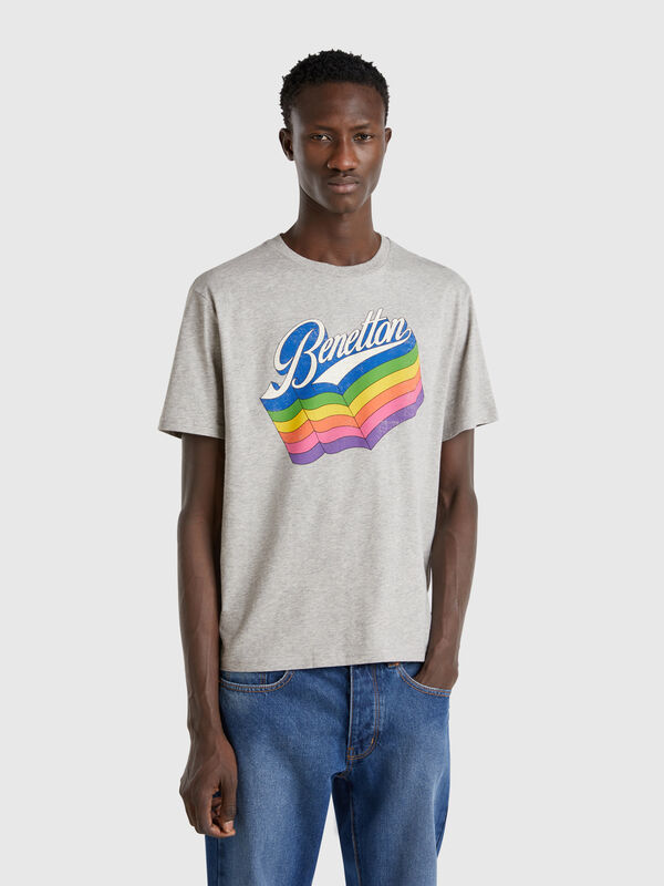 Camiseta cinza de algodão com logótipo multicolorido Homem