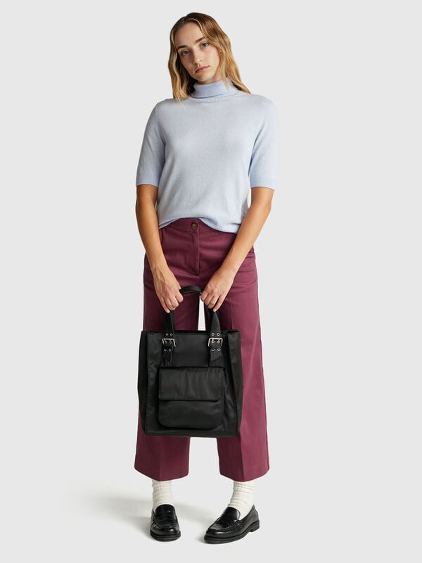 Camisola de gola alta azul-claro com manga curta em mistura de caxemira Mulher