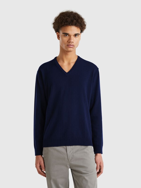 Camisola decote em V azul meia-noite em pura lã Merino Homem