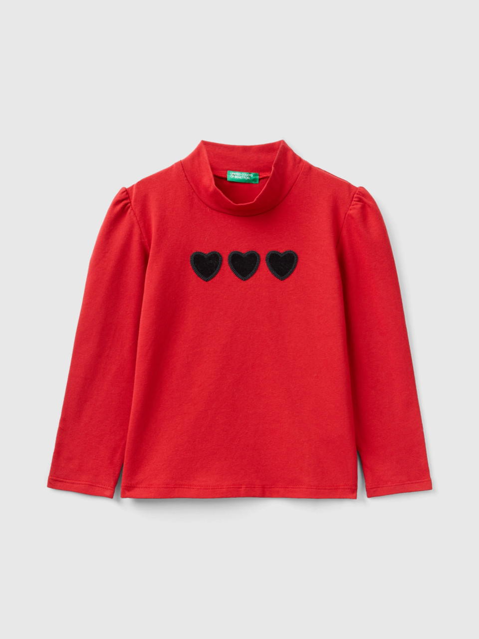 Benetton, T-shirt With Velvet Heart Patch, Red, Kids