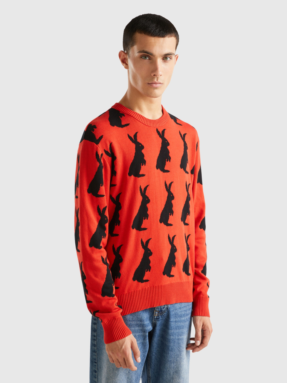 Benetton, Sweater With Bunny Pattern, Red, Men