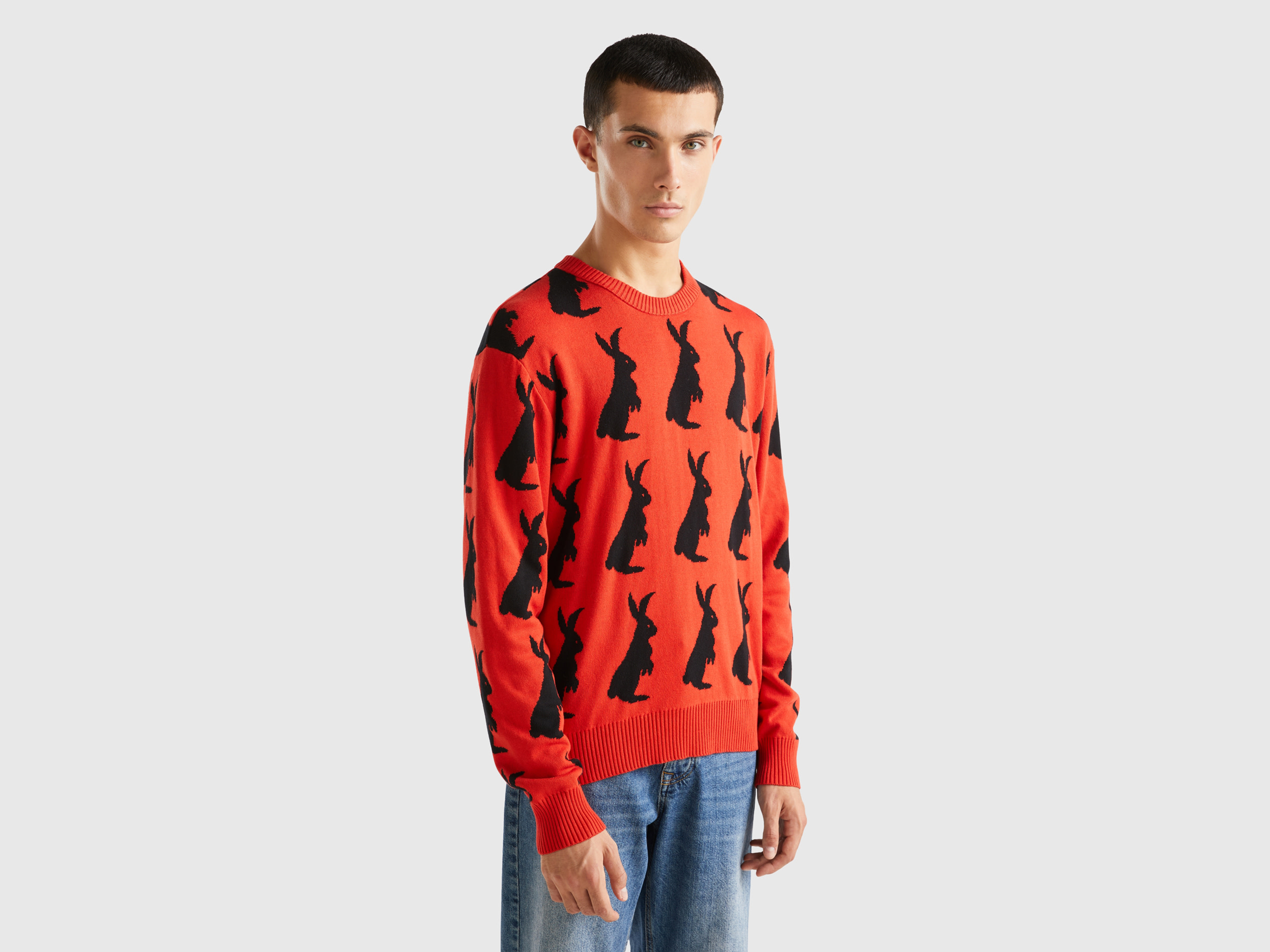 Benetton, Sweater With Bunny Pattern, size L, Red, Men