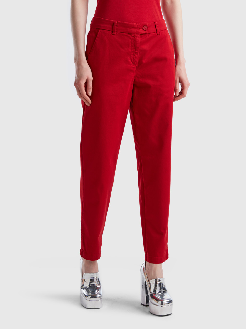 Benetton, Stretch Cotton Chino Trousers, Red, Women