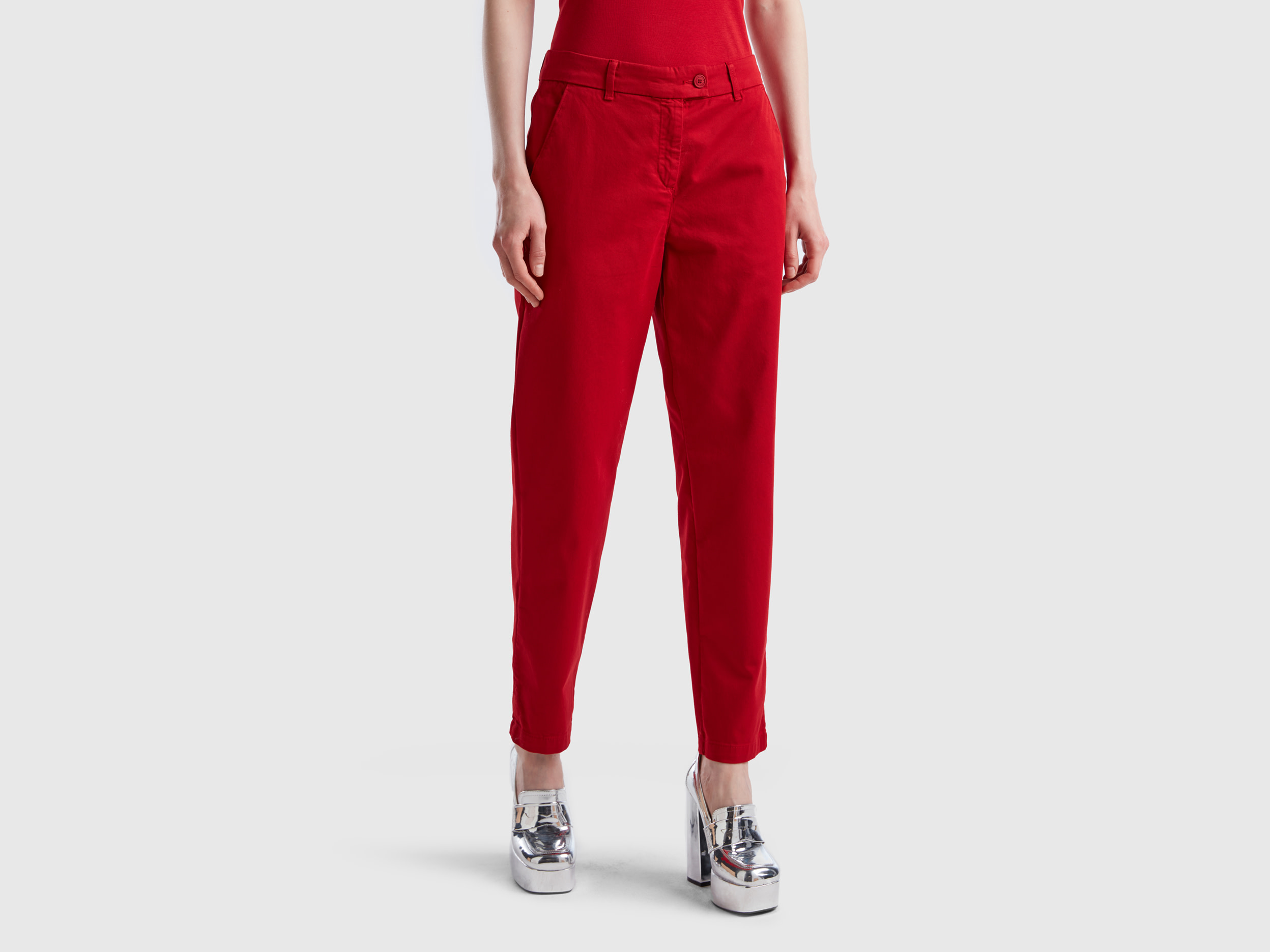 Benetton, Stretch Cotton Chino Trousers, size 16, Red, Women