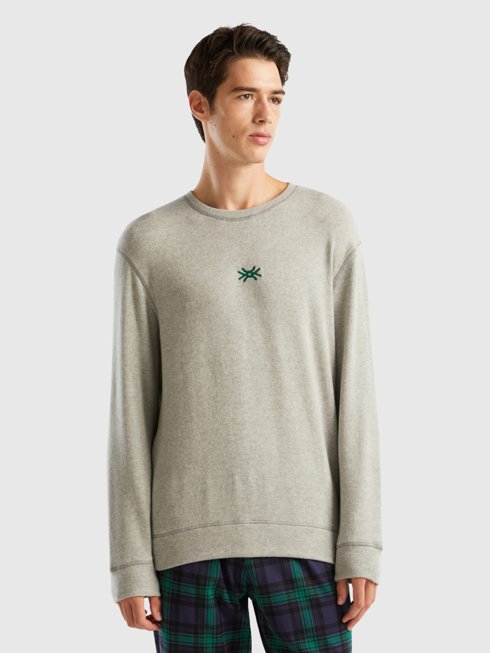 Benetton, Warm Stretch Cotton Blend Sweater, Light Gray, Men