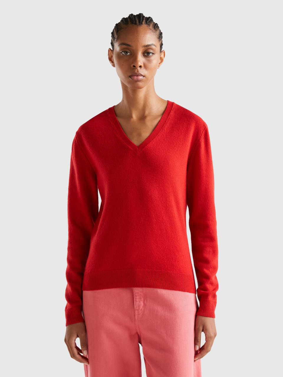Benetton, Red V-neck Sweater In Pure Merino Wool, Red, Women