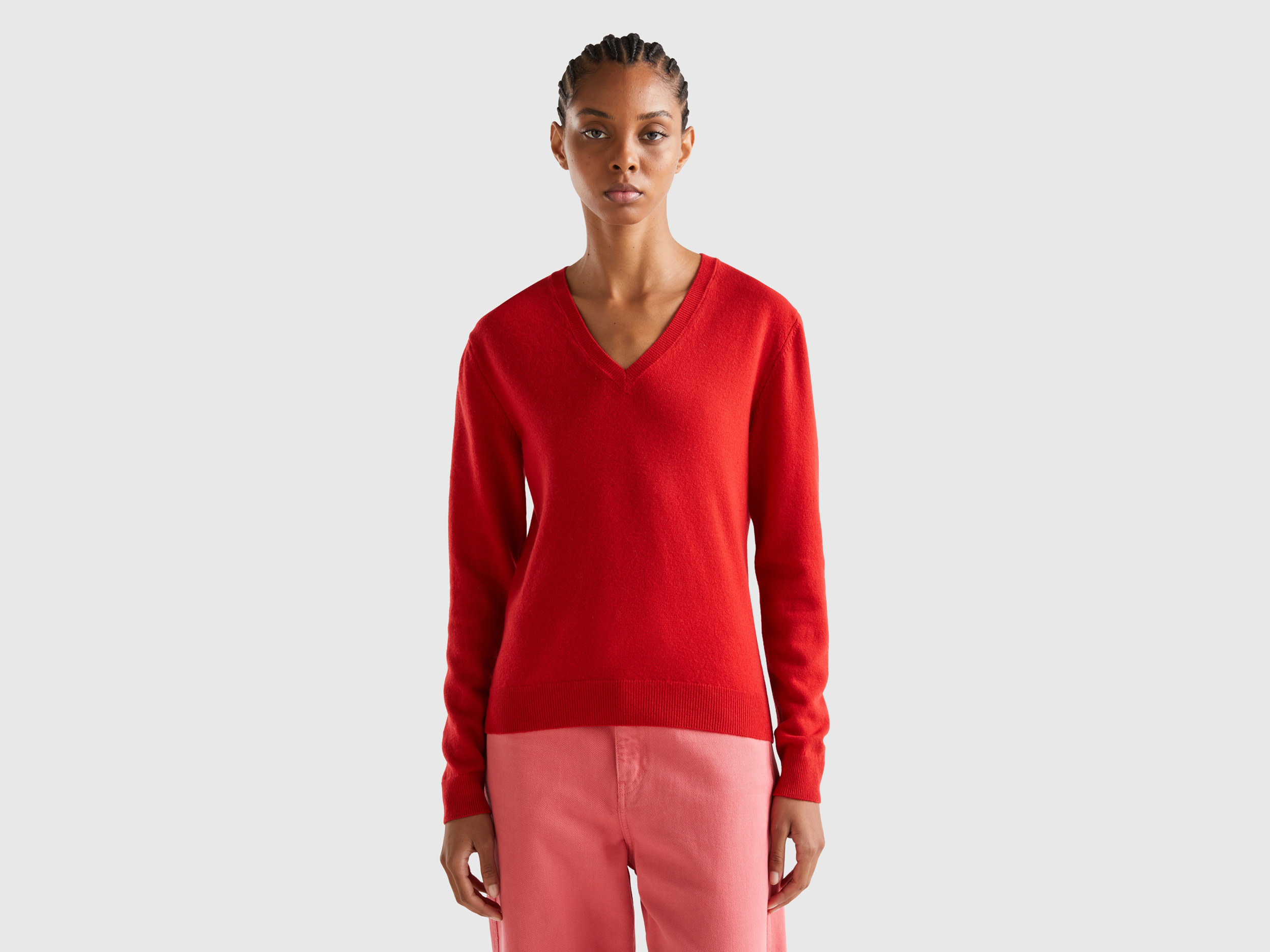 Benetton, Red V-neck Sweater In Pure Merino Wool, size L, Red, Women