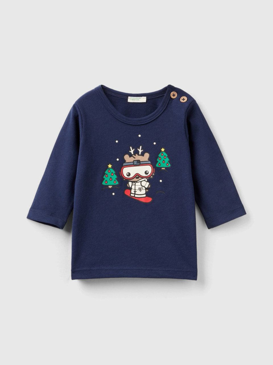 Benetton, T-shirt With Christmas Print, Dark Blue, Kids