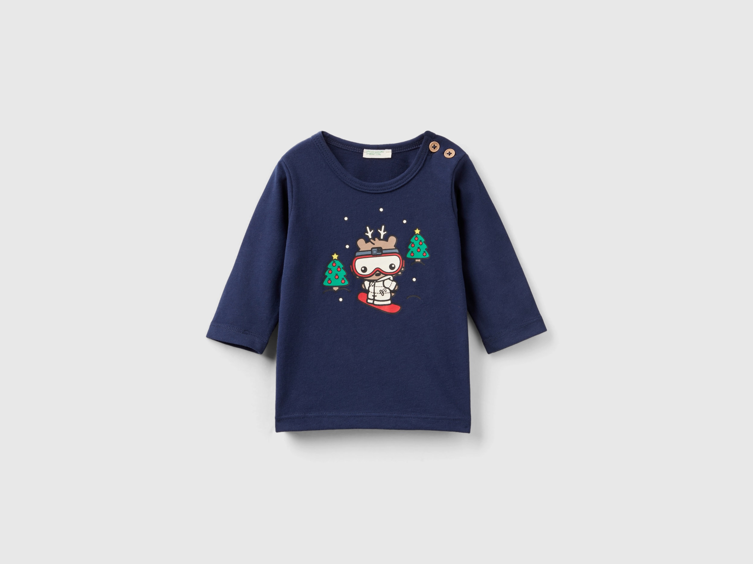 Benetton, T-shirt With Christmas Print, size 0-1, Dark Blue, Kids