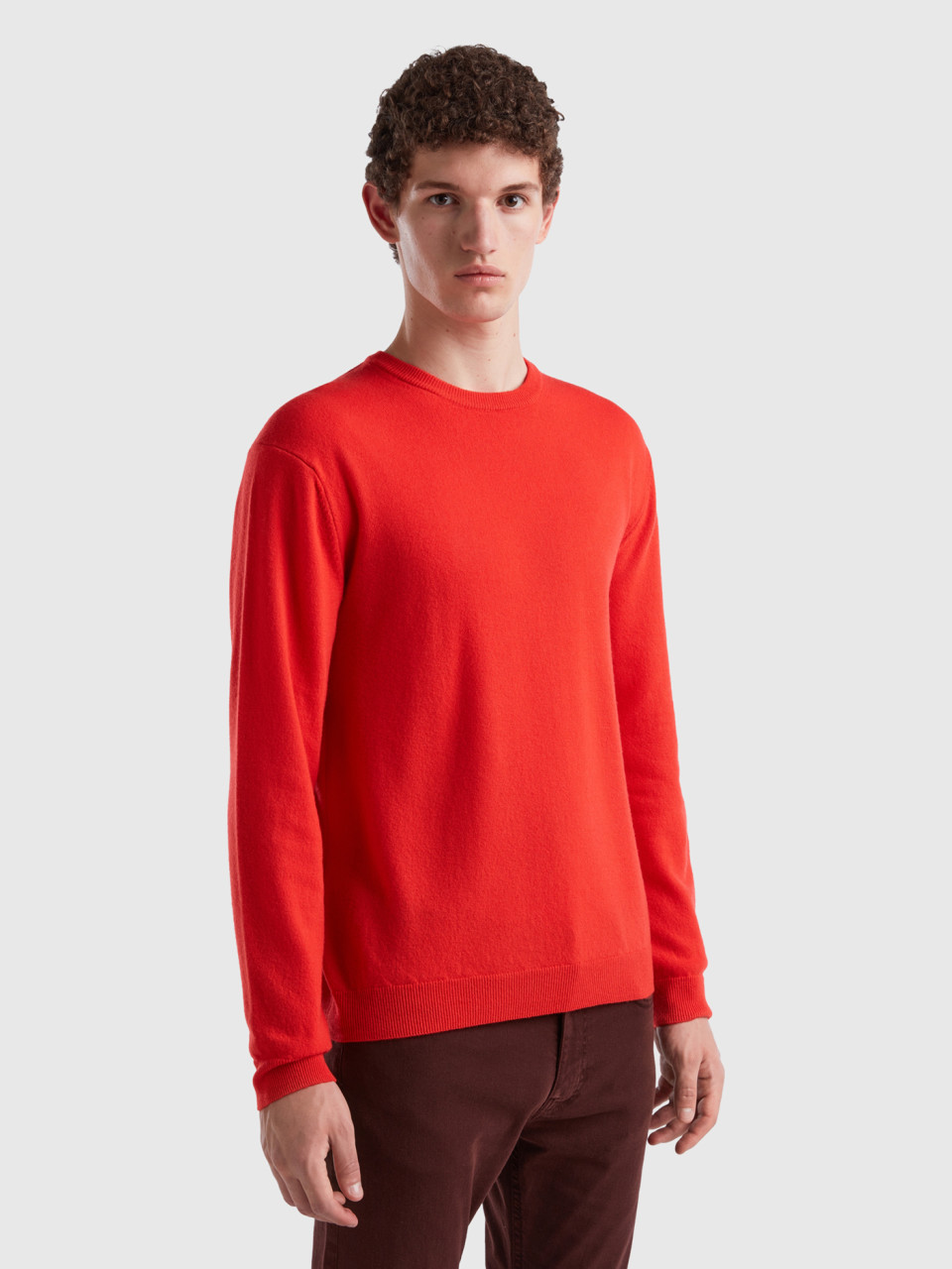 Benetton, Red Crew Neck Sweater In Pure Merino Wool, Red, Men