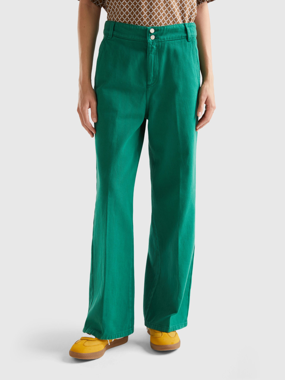 Benetton, Pantalon Taille Haute À Jambe Ample, Vert, Femme