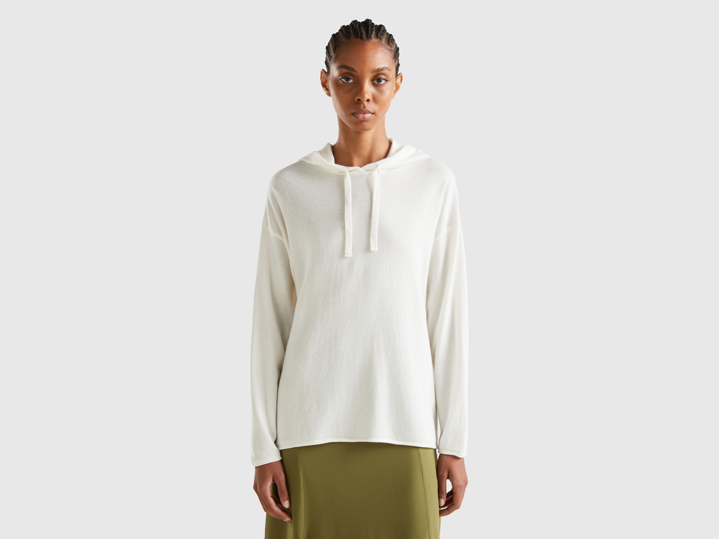 Benetton, Cream White Cashmere Blend Sweater With Hood, size XS, Creamy White, Women