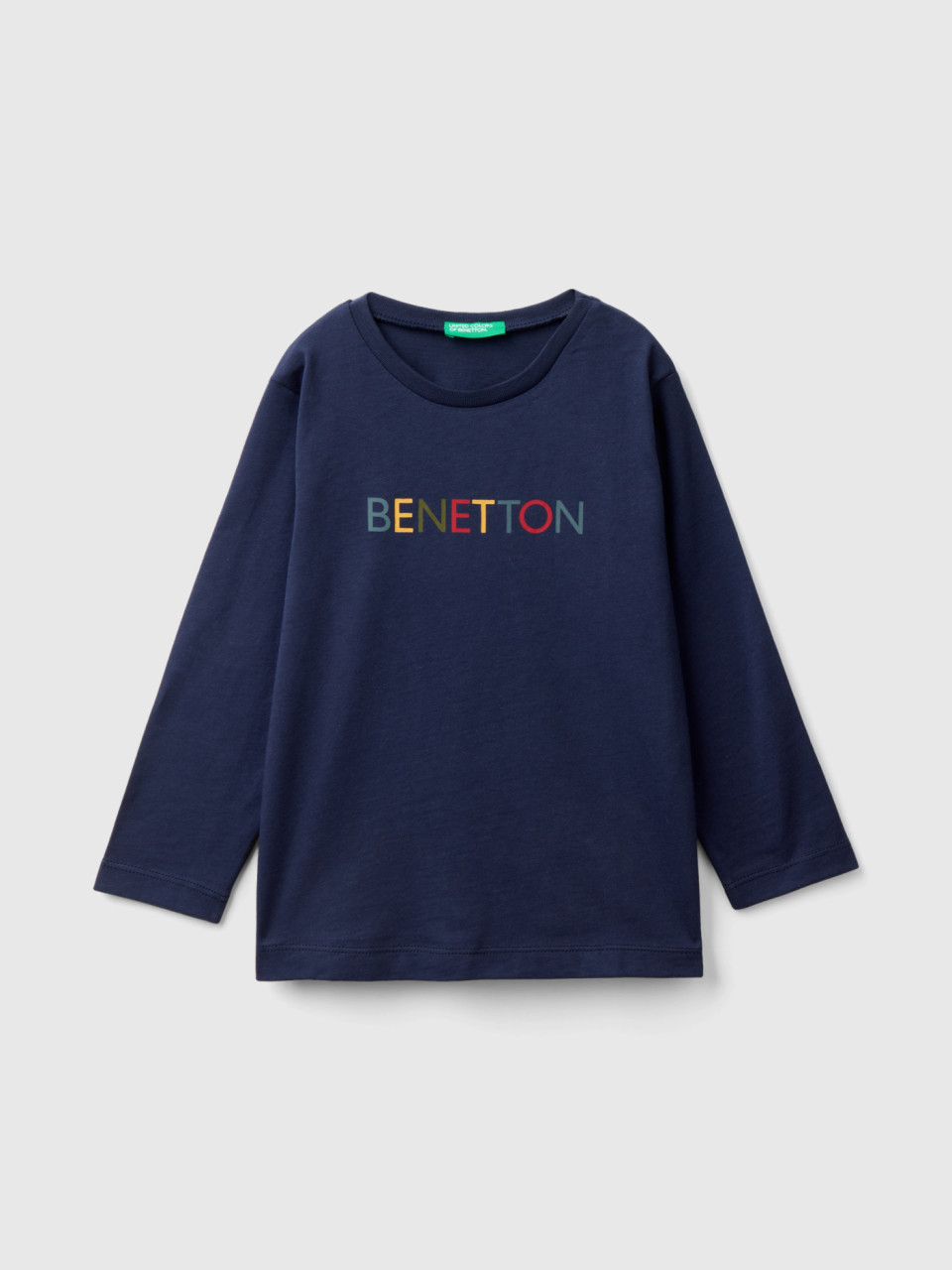 Benetton, T-shirt En Coton Bio À Manches Longues, Bleu Foncé, Enfants
