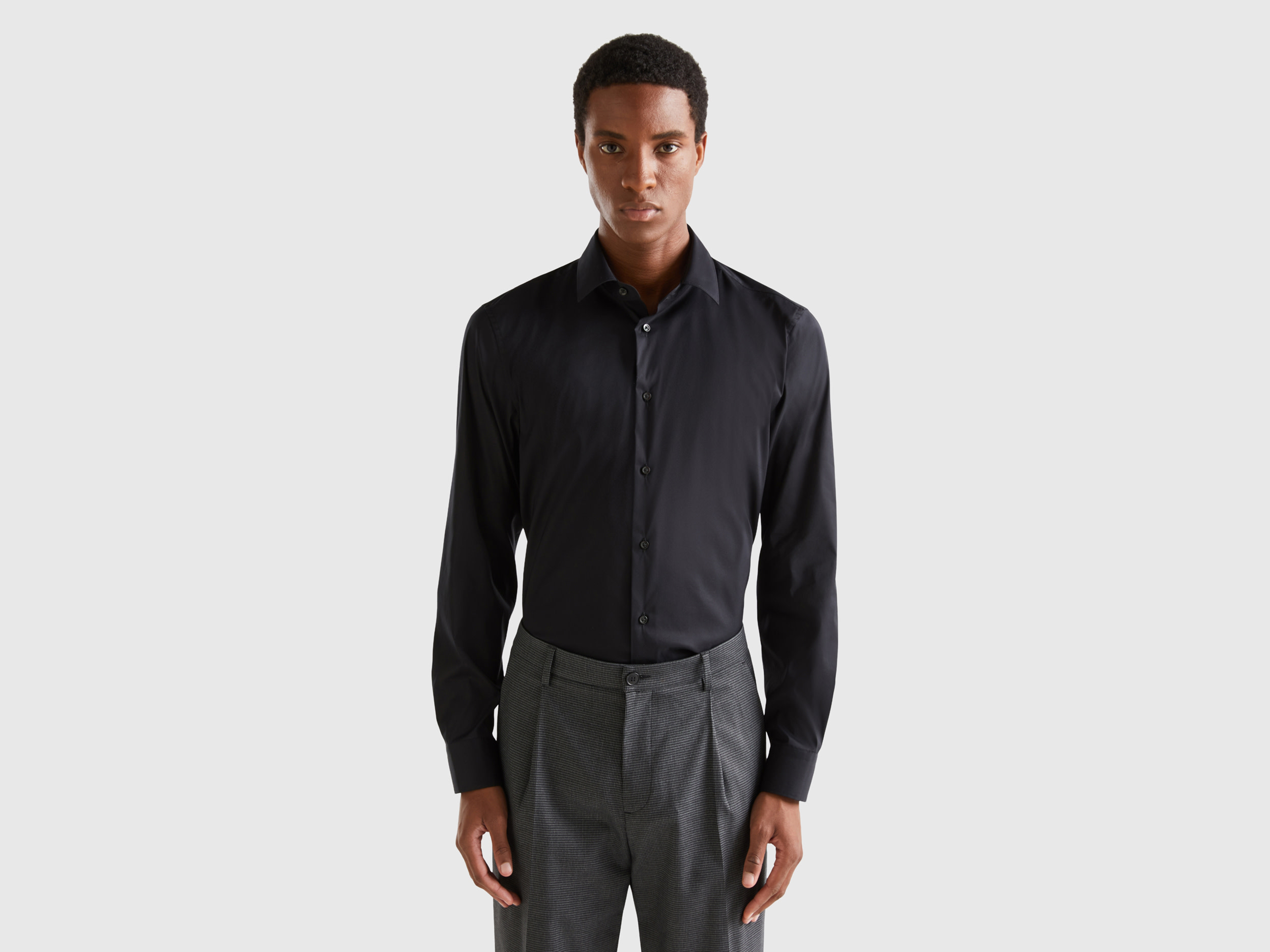 Benetton, Solid Color Slim Fit Shirt, size XXXL, Black, Men
