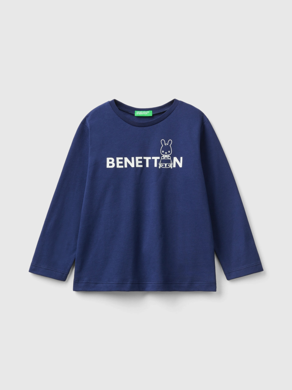 Benetton, T-shirt À Col Rond En Coton Bio Chaud, Bleu Foncé, Enfants
