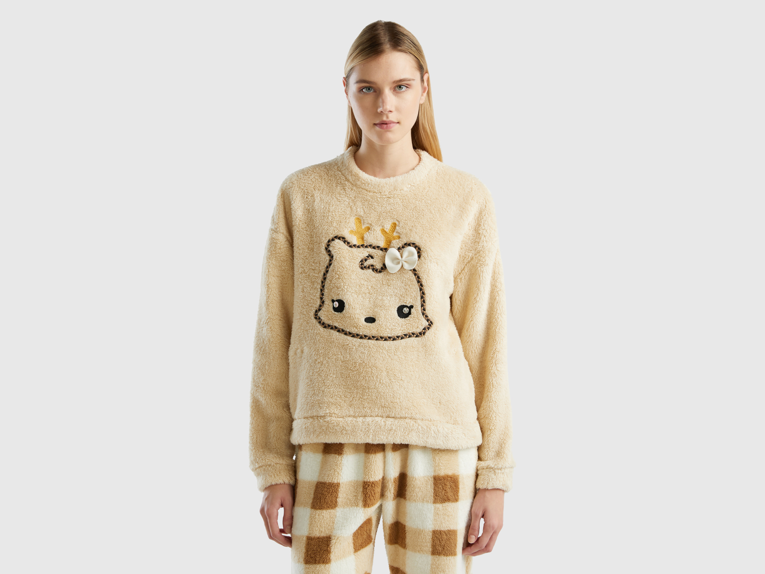 Benetton, Sweatshirt With Fur Embroidery, size L, Beige, Women