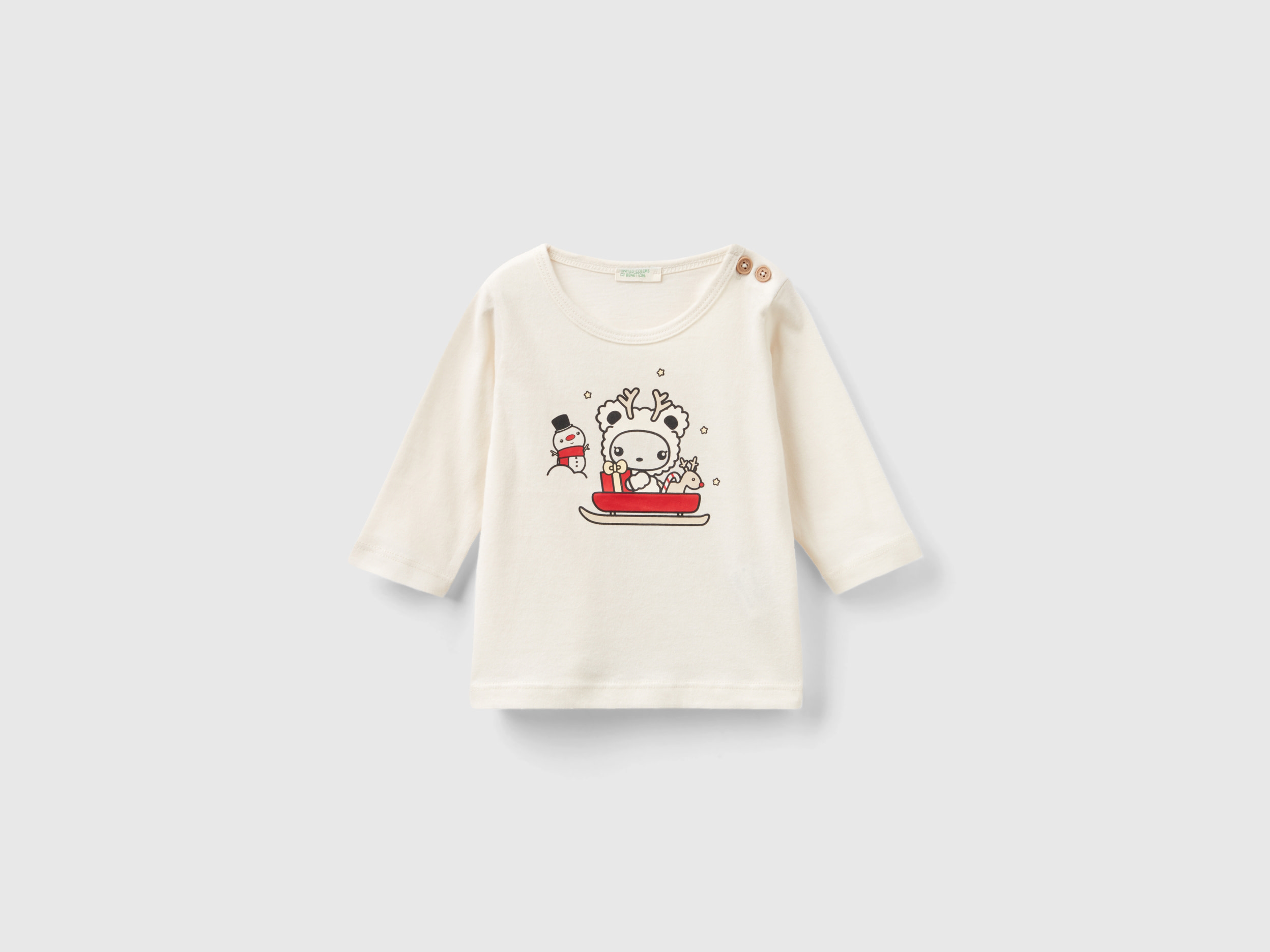 Benetton, T-shirt With Christmas Print, size 6-9, Creamy White, Kids