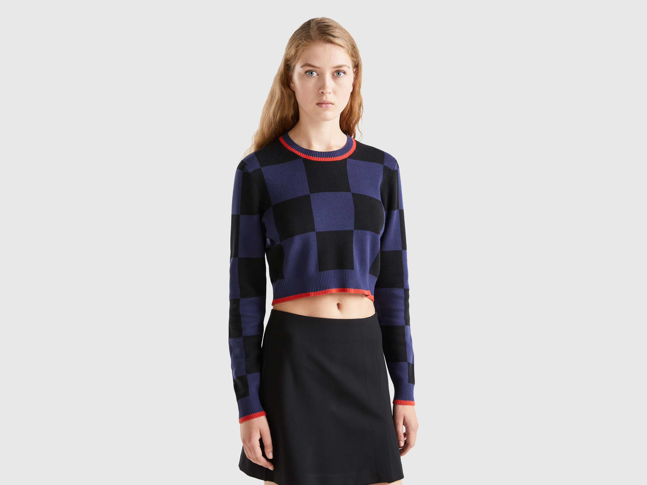 Benetton, Cropped Checkered Sweater, size M, Dark Blue, Women