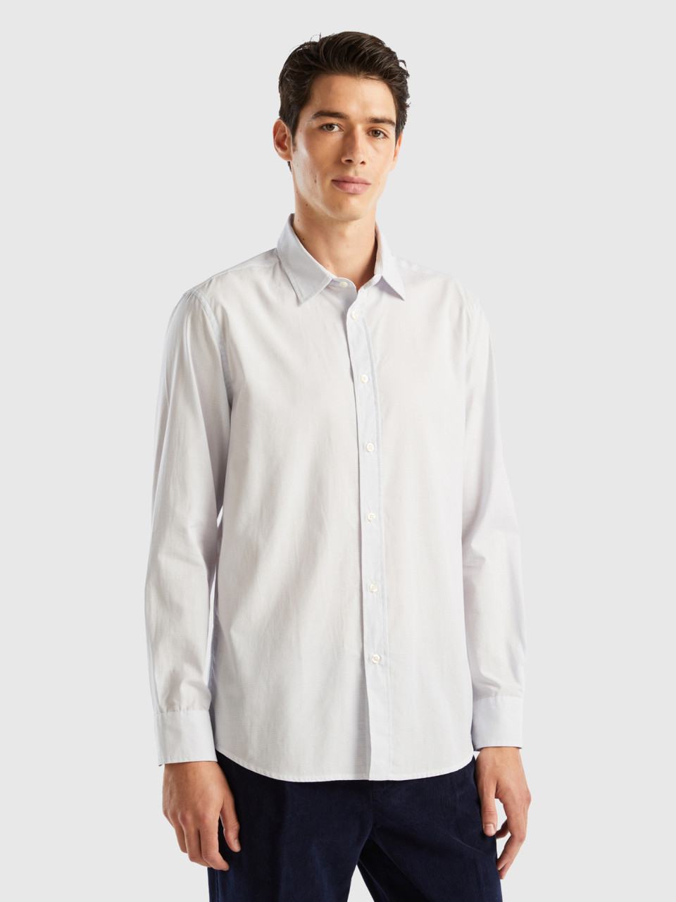 Benetton, Regular Fit Shirt With Micro Pattern, White, Men