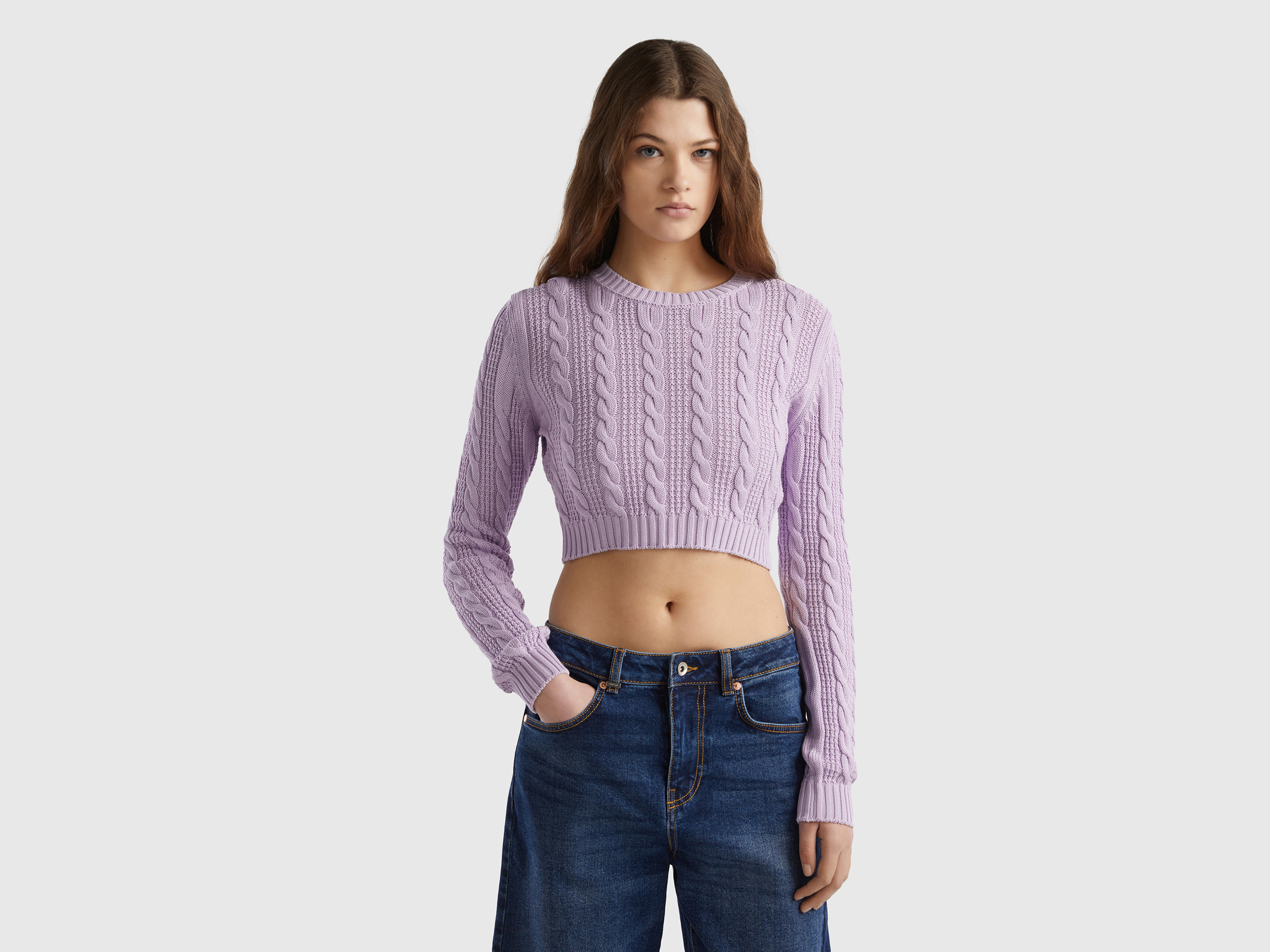 Benetton, Cropped Cable Knit Sweater, size L-XL, Lilac, Women