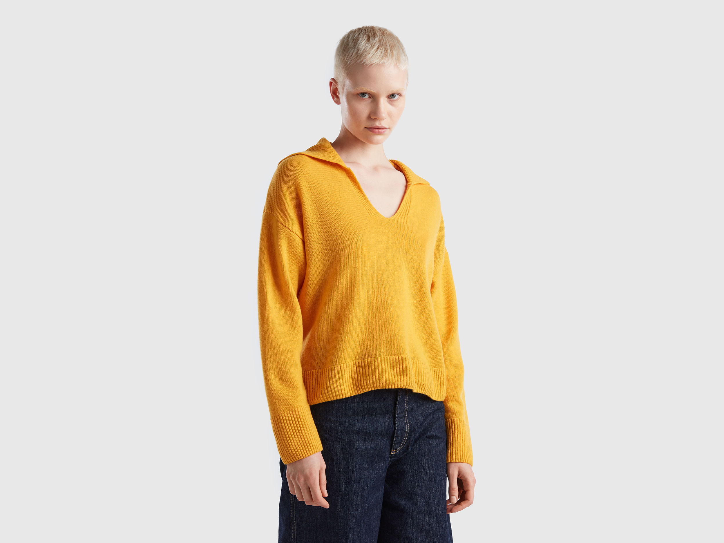 Benetton, Boxy Fit Sweater With Polo Collar, size S, Yellow, Women