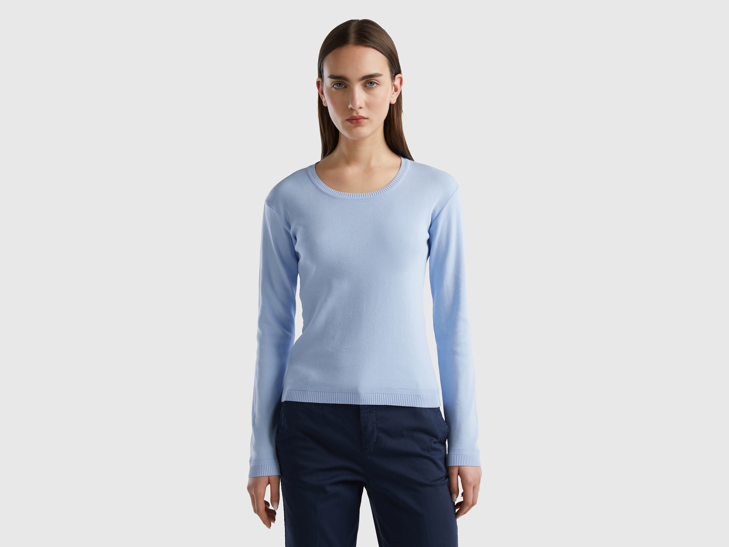 Benetton, Crew Neck Sweater In Pure Cotton, size L, Sky Blue, Women