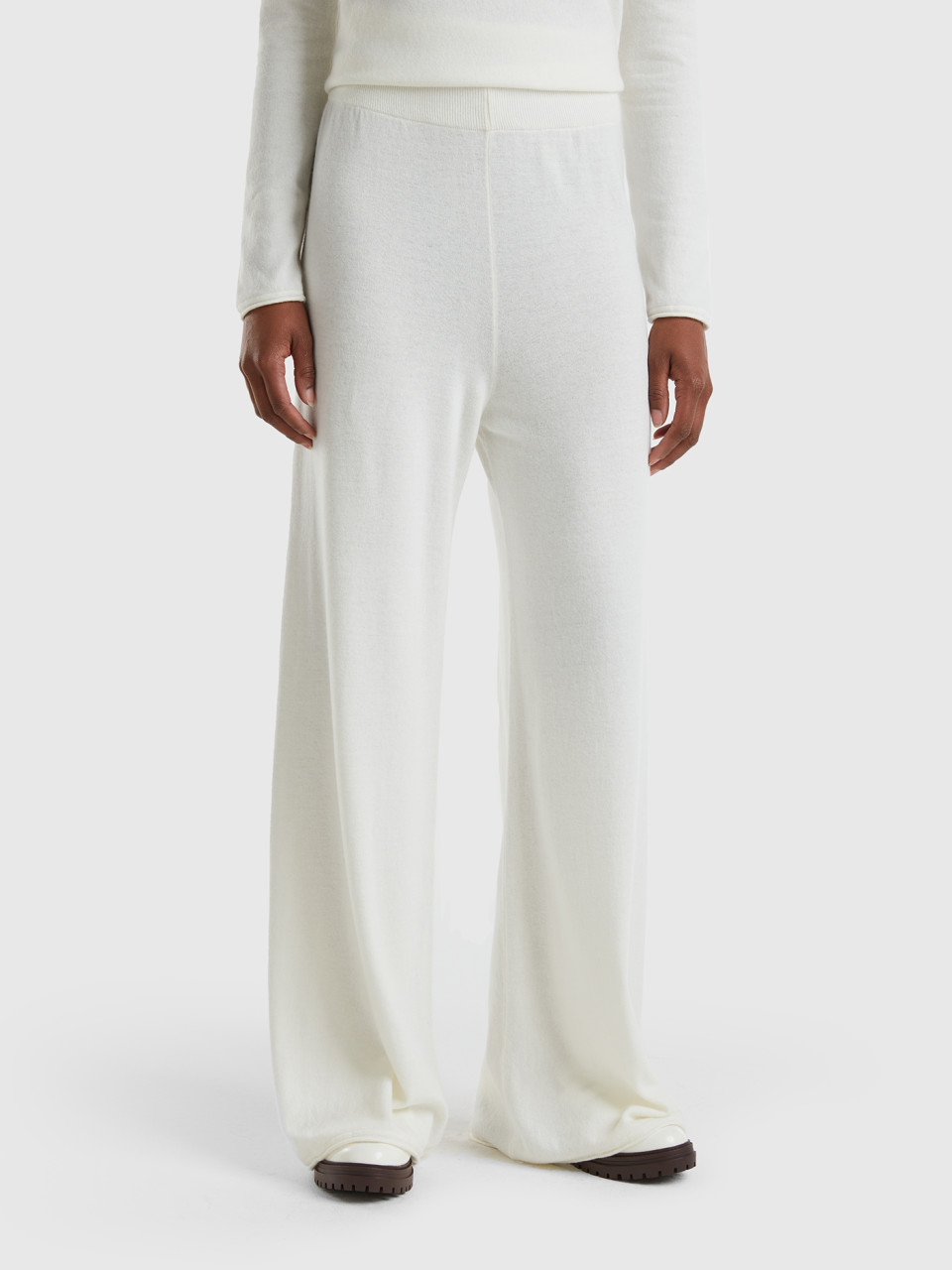 Benetton, Cream White Wide Trousers In Cashmere And Wool Blend, Creamy White, Women