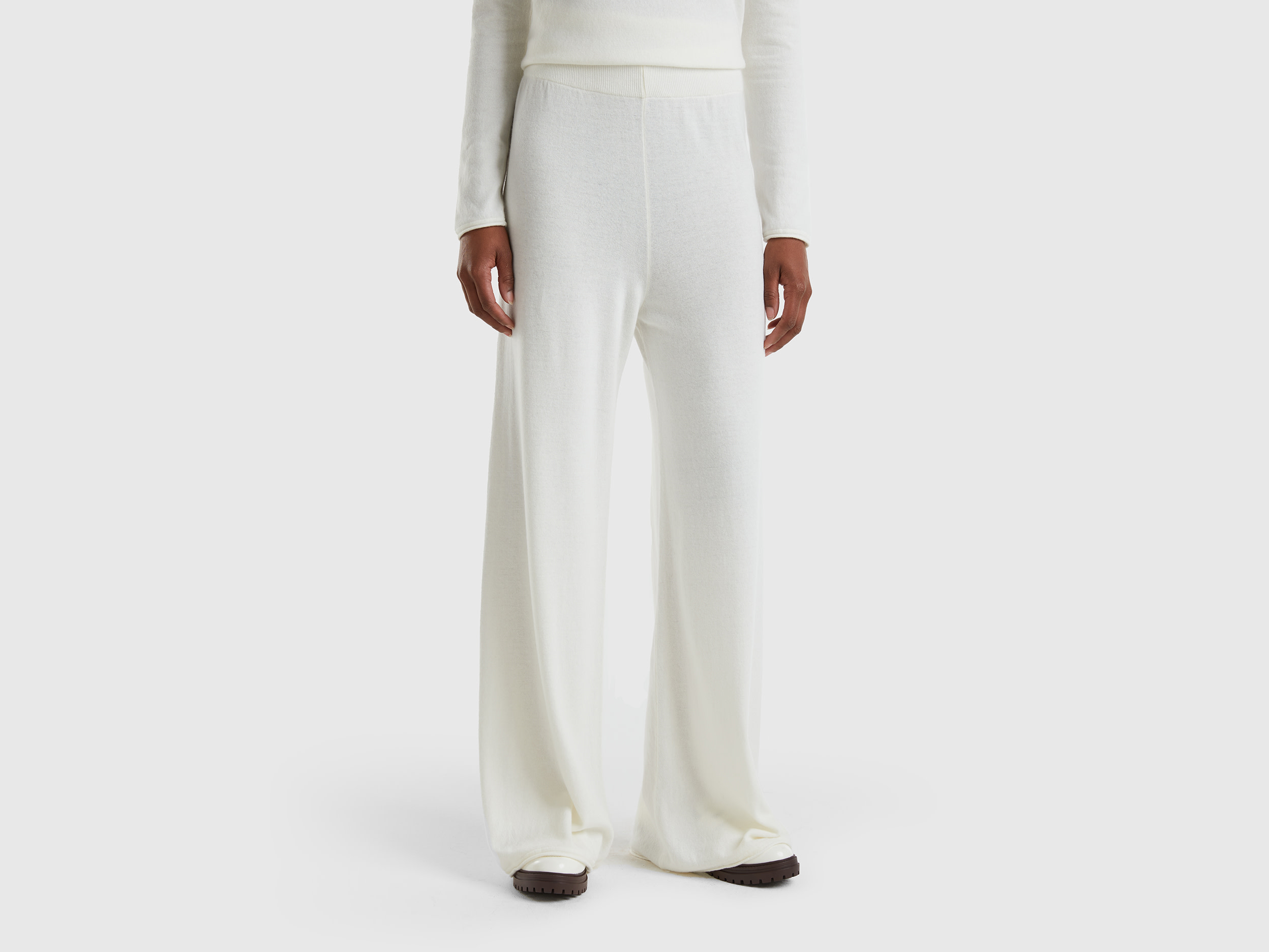 Benetton, Cream White Wide Trousers In Cashmere And Wool Blend, size XL, Creamy White, Women