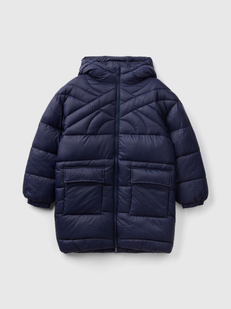 Benetton, Long Padded Jacket With Recycled Wadding, Dark Blue, Kids