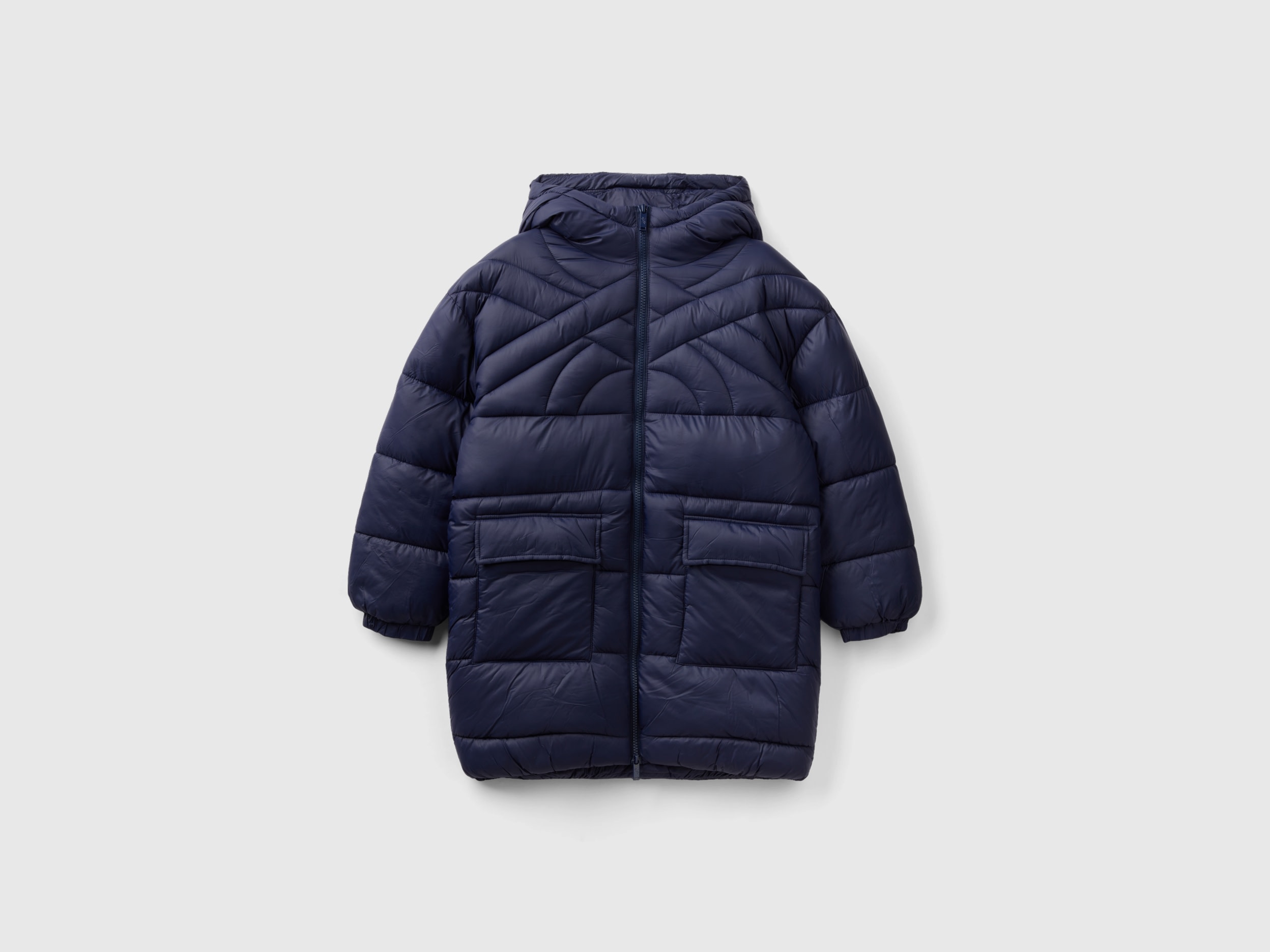 Benetton, Long Padded Jacket With Recycled Wadding, size S, Dark Blue, Kids