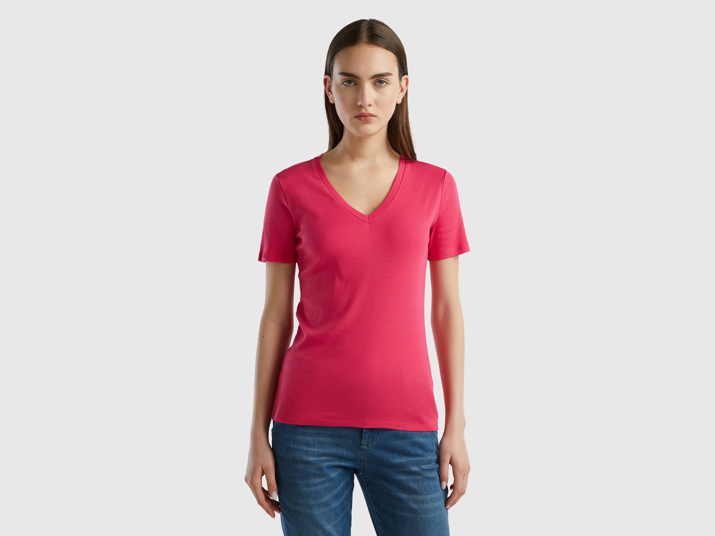 Benetton, Pure Cotton T-shirt With V-neck, size XL, Fuchsia, Women